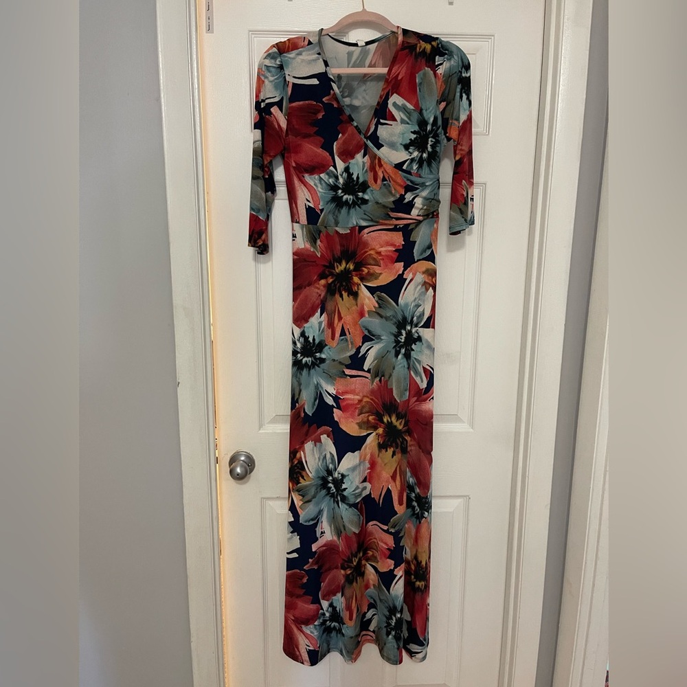 Pink Blush Maternity Faux Wrap Dress, Fall Floral Print, Women’s Size Large